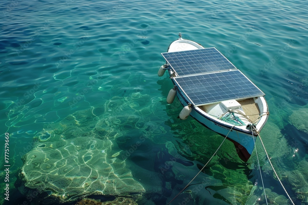 Obraz premium Small boat with solar panels docked on clear water in a sustainable energy concept