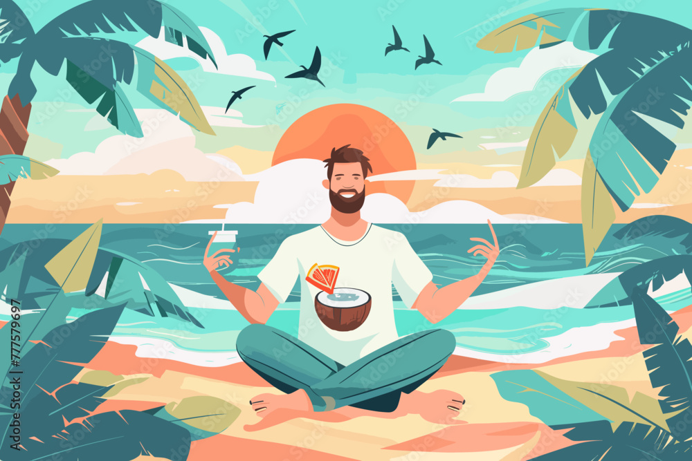 Delighted businessman embraces the freedom of remote work, enjoying the flexibility to work from anywhere, even a beautiful beach with a refreshing coconut drink