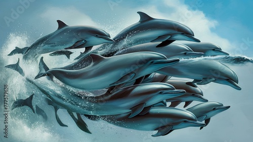 An expansive view of a pod of dolphins swimming gracefully in the ocean