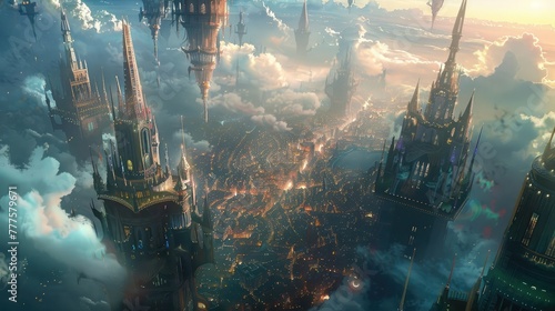 A digital illustration of a mythical cityscape, with towering spires and intricate architecture stretching towards the heavens, depicting a vision of a world  photo