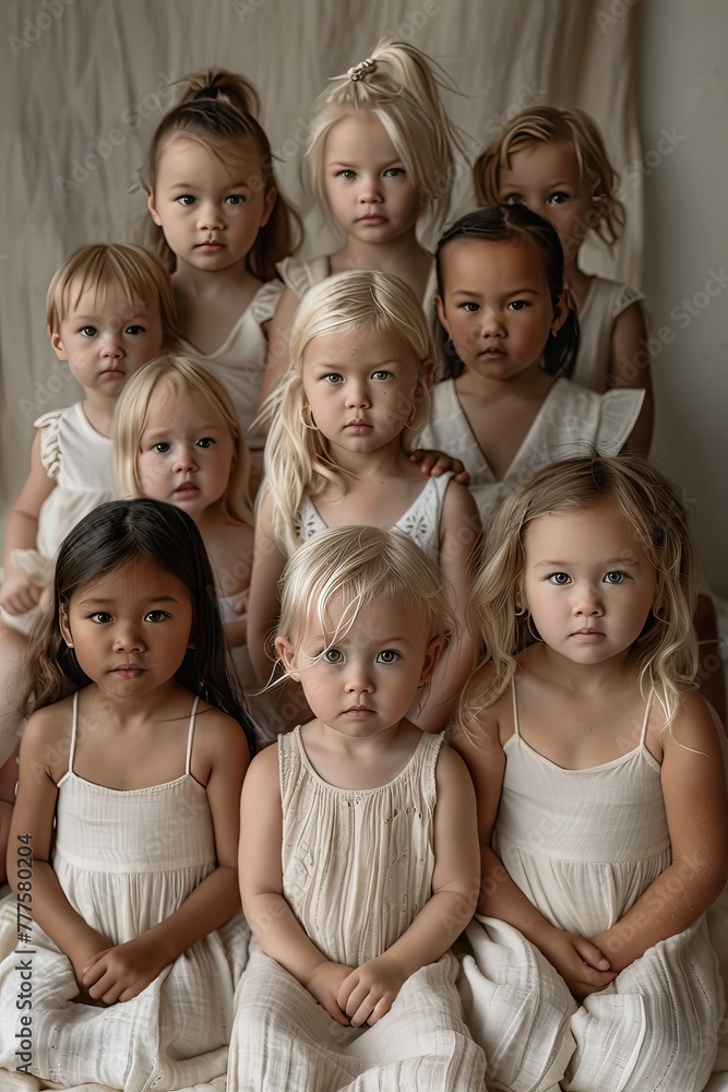 A group of young girls are sitting in a row, all wearing white dresses