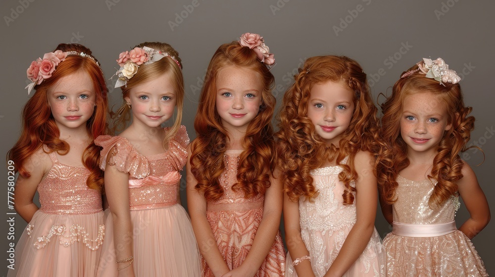 A group of five young girls are dressed in pink and wearing flower headbands A group of five young girls are dressed in pink and wearing flower headbands