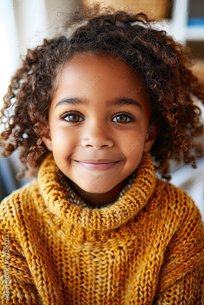 A young girl with curly hair is wearing a yellow sweater and smiling A young girl with curly hair is wearing a yellow sweater and smiling