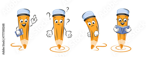 Set of cartoon pencils with faces. Pencil reads a book, thinks, is sad, points with a finger. Vector illustration stationery for children design or school.