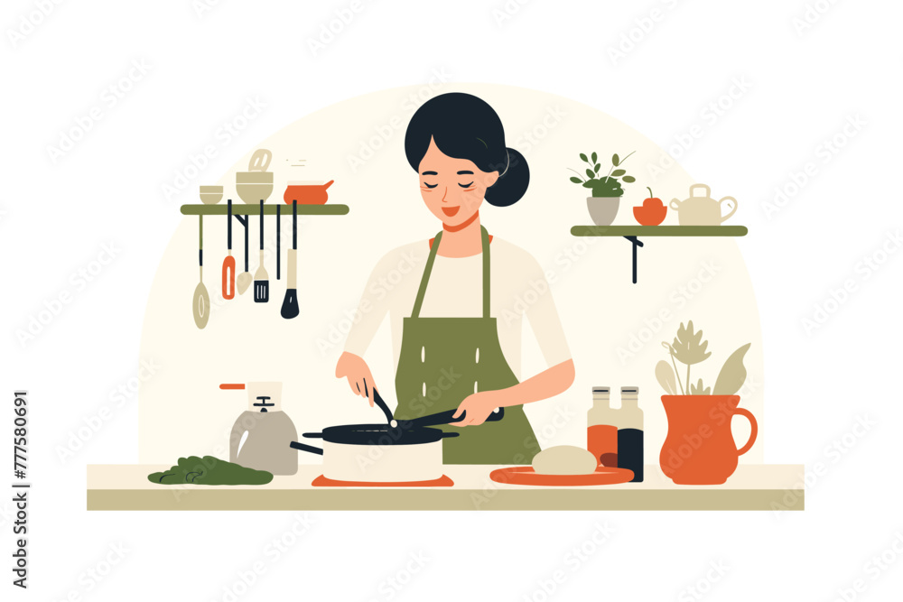 beautiful woman cooking in kitchen vector on an isolated background