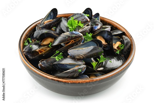 A top-down view of a white bowl filled with succulent, freshly steamed mussels with shells, showcasing their natural orange color, isolated on a white background