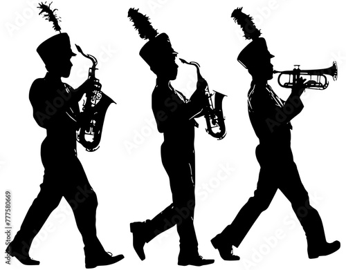 silhouettes of marching band musicians playing instruments and marching 