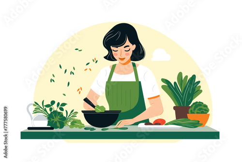 beautiful woman cooking in kitchen vector on an isolated background
