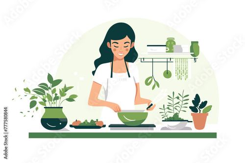 beautiful woman cooking in kitchen vector on an isolated background