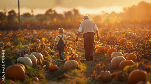 grandson grandfather walking pumpkin patch field farm autumn sunset landscape sky
