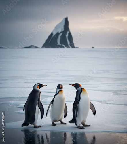 A group of penguins congregates on an icy shore  with a dramatic mountain peak in the distance. The penguins  contrasting black and white plumage stands out against the stark  snowy landscape. AI
