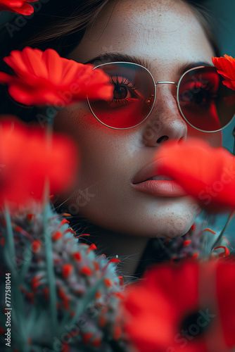 a woman wearing sunglasses and a pair of sunglasses with a pair of red flowers in the foreground (ID: 777581044)