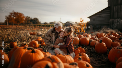 children grandfather hugging pumpkin patch field thanksgiving farm autumn fall love  photo