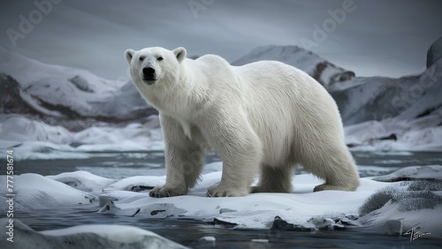 A realistic depiction of a polar bear in an Arctic landscape, with thick fur