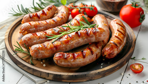 Board and plate of tasty sausages with tomatoes on white tile background