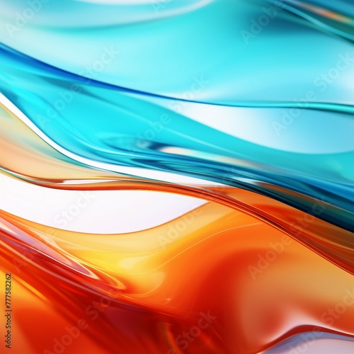 抽象テンプレート。白背景に透明感のある立体的な青緑とオレンジの波