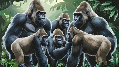 An illustration of a family of gorillas in a lush jungle, with muscular bodies