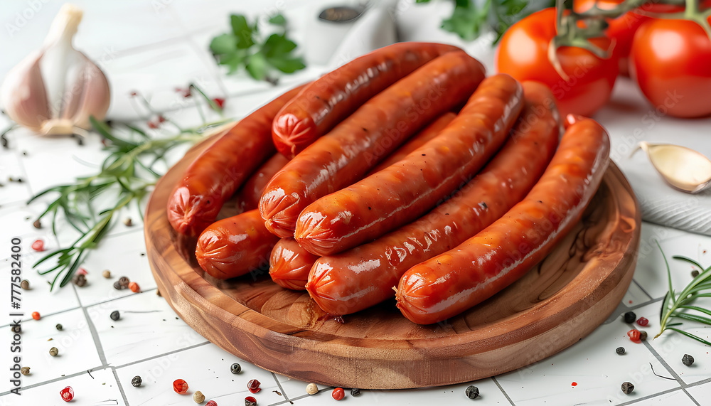Board and plate of tasty sausages with tomatoes on white tile background Board and plate of tasty sausages with tomatoes on white tile background