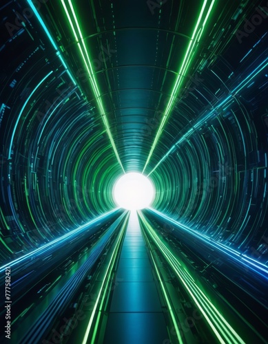 The dynamic perspective of a futuristic tunnel with glowing green lights leading to a bright exit