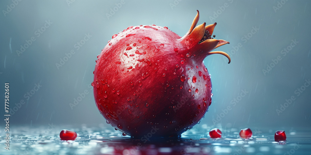 Fresh juicy pomegranate bright background design. Natural organic red fruit concept banner. Raster bitmap digital photo style illustration. Fresh juicy pomegranate bright background design. Natural organic red fruit concept banner. Raster bitmap digital photo style illustration.