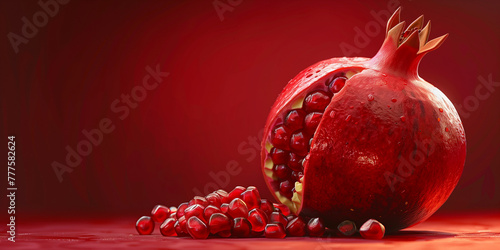 Fresh juicy pomegranate bright background design. Natural organic red fruit concept banner. Raster bitmap digital photo style illustration. AI artwork. photo