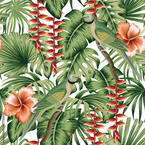 Tropical vintage palm leaves, green parrot, exotic flower seamless pattern white background. Exotic jungle floral wallpaper.