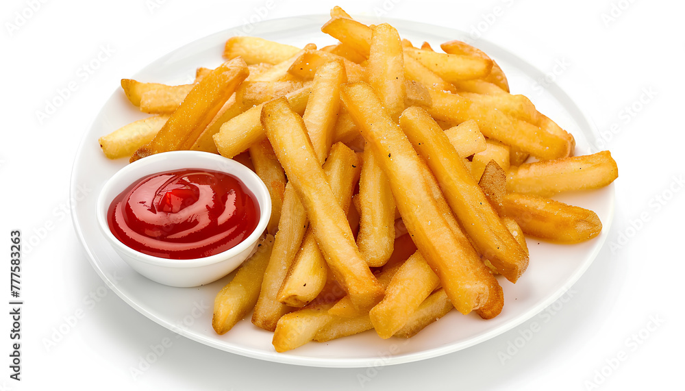 Plate of tasty french fries and ketchup on white background Plate of tasty french fries and ketchup on white background