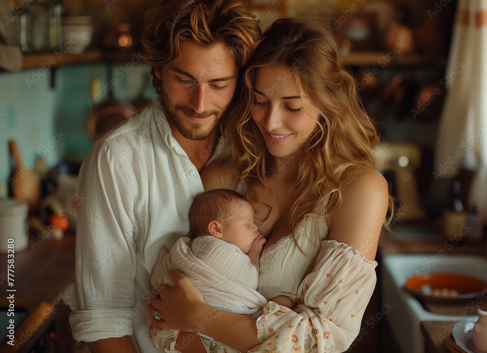 Young couple joyfully cradles their newborn in the cozy kitchen of their apartment home Young couple joyfully cradles their newborn in the cozy kitchen of their apartment home