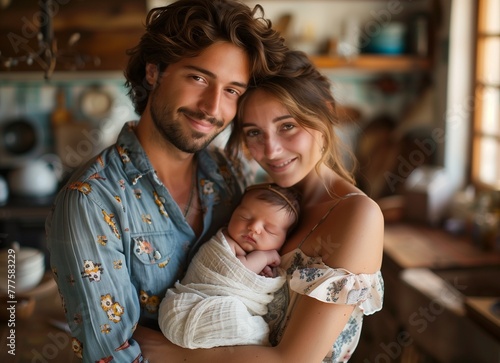 Young couple joyfully cradles their newborn in the cozy kitchen of their apartment home