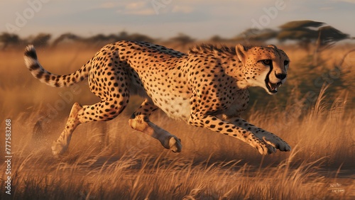 A detailed drawing of a cheetah sprinting across the savannah, with sleek muscles
