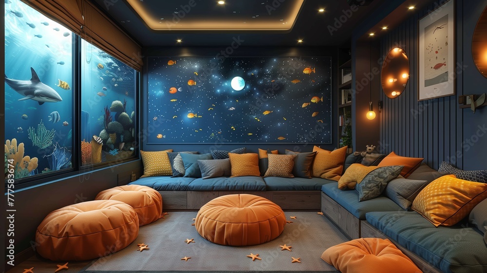 Obraz premium In a dimly lit children's room, projections dance on walls amid summer-themed decorations