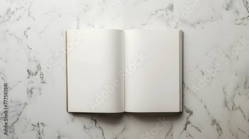 mockup closeup open white book on marble white background top view