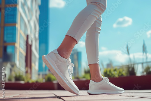 Close up view of a woman feet wearing white sneakers
