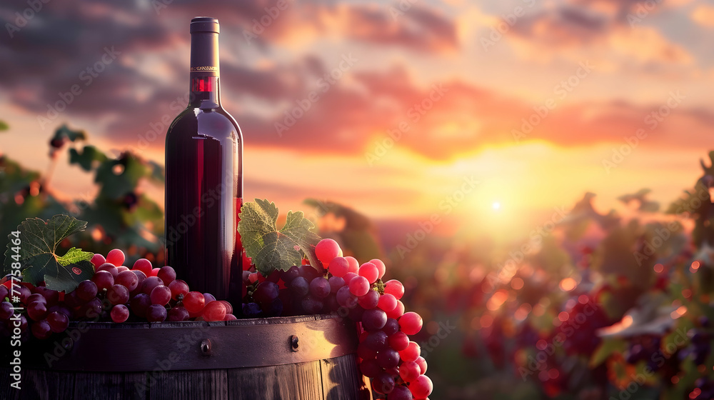 mockup of a bottle of red wine on a wooden barrel with red grapes against the backdrop of a beautiful sunset copy space