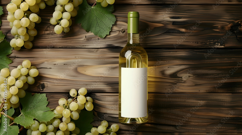 Fototapeta premium bottle of white wine with a bunch of white grapes on a wooden background with space for text