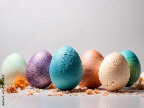 Beautiful abstract easter eggs with texture on white with copy space.