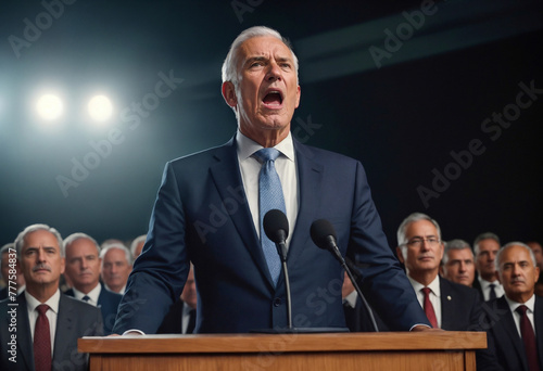 Elderly male politician in suit shouting from lectern into microphones, in background behind him many men are sitting