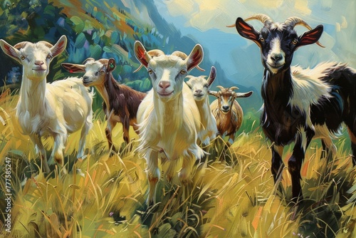A painting of a group of goats in a field photo