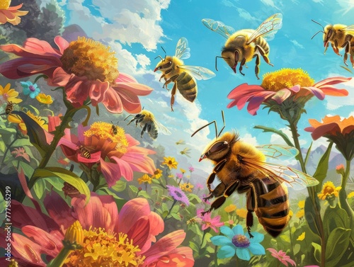 A painting of a field of flowers with four bees flying around them