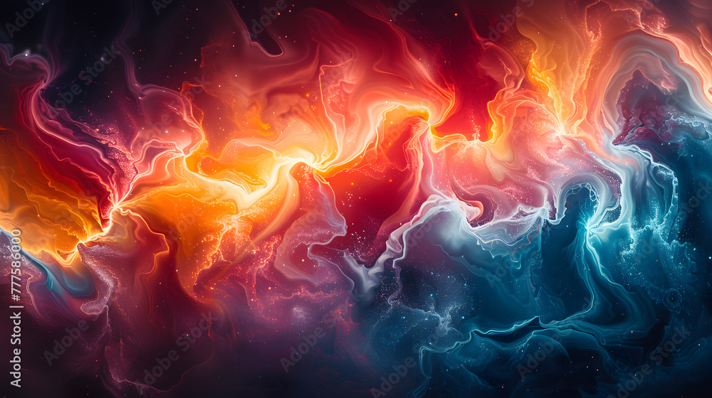 Abstract fluid art with a striking resemblance to intergalactic clouds, blending fiery reds and icy blues in a cosmic dance