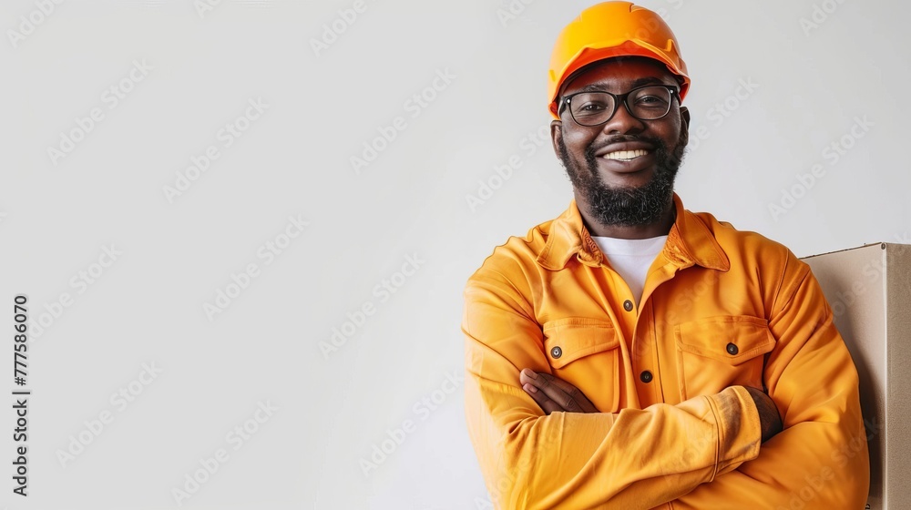 Confident construction worker smiling in a bright orange uniform and hard hat