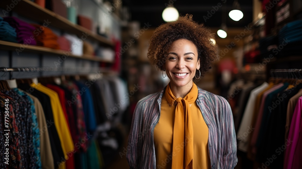 Fototapeta premium Small Business Owner Female Woman Black African American in Urban City Boutique Retail Clothing Shop for Bank Finance or Black Owned Business Support
