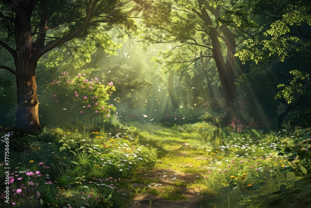 Obraz premium A forest with a path through it and flowers on the side