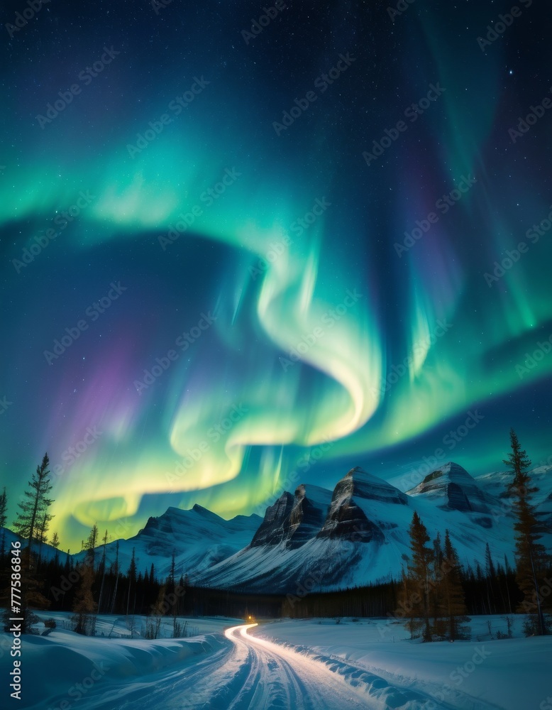 A vibrant display of Northern Lights swirls above snowy mountains with a snaking road illuminated by car trails beneath a starry sky