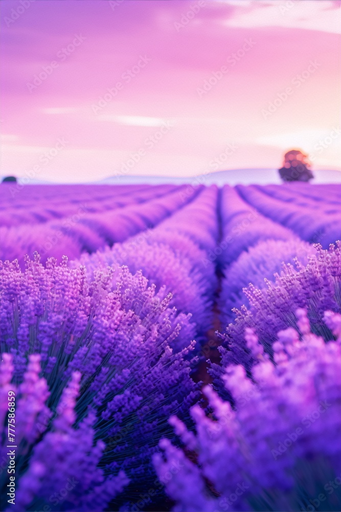 Obraz premium Provence lavender fields at sunset in summer, purple flowers, nature photography, romantic, impressionism