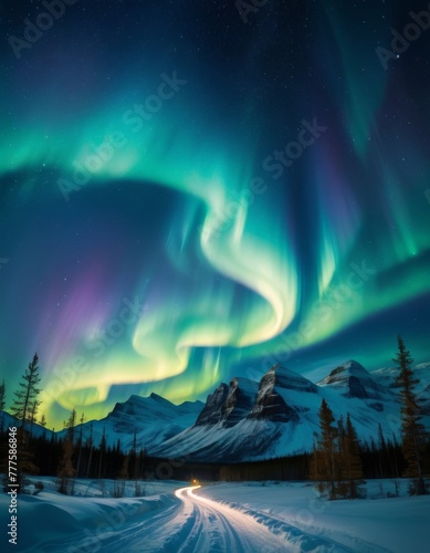A vibrant display of Northern Lights swirls above snowy mountains with a snaking road illuminated by car trails beneath a starry sky © video rost