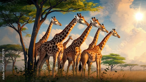 A realistic depiction of a group of giraffes grazing on tall trees in the African savannah © samir