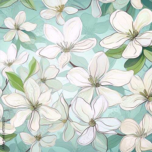 Wallpaper Mural Delicate white magnolia flowers with green leaves on a blue background, botanical, art nouveau. Torontodigital.ca