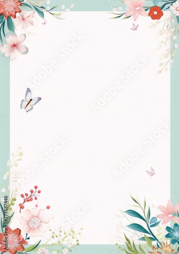 Frame of various flowers and butterflies with a soft-colored background in art nouveau style