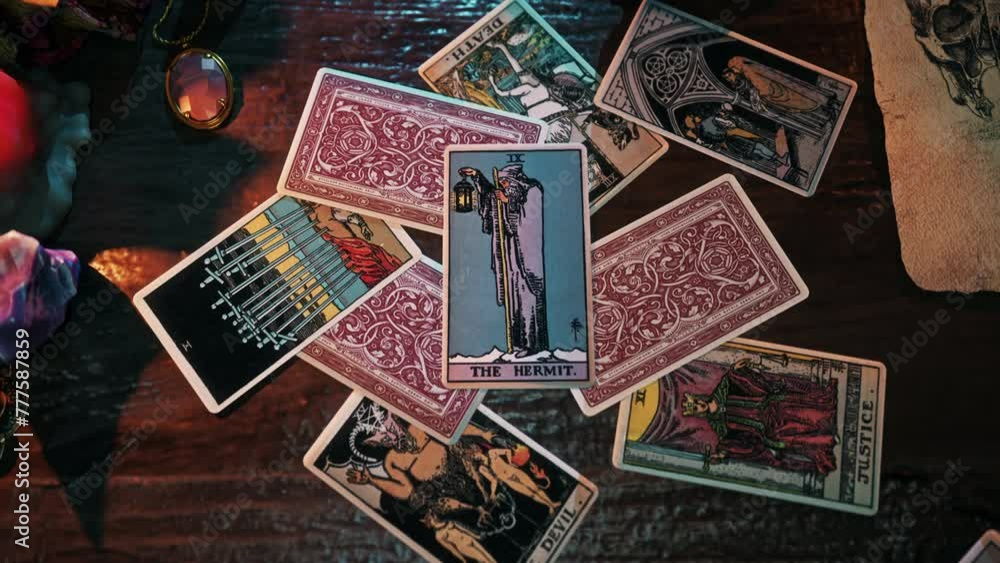 Berlin, Germany - May 9, 2015. Reading the Hermit Tarot Card with metaphorical esoteric luck symbol. Art of metaphorical lantern symbol on esoteric deck. Metaphorical esoteric ancient fortune symbol. Berlin, Germany - May 9, 2015. Reading the Hermit Tarot Card with metaphorical esoteric luck symbol. Art of metaphorical lantern symbol on esoteric deck. Metaphorical esoteric ancient fortune symbol.